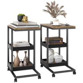 HERON Mobile Sofa Side Table Set of 2 Industrial C Shaped Rolling 3 Tier - Dark Brown