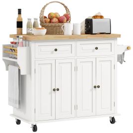 HERON Rolling Kitchen Island Storage Trolley with Rubber Wood Top & Drawers for Dining Room, Cream White