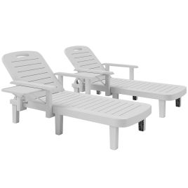 SUNVISTA Set of 2 Resin Reclining Sun Loungers with Foldable Side Table, 5 Positions, White
