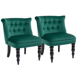 HERON Velvet Accent Chair Set of 2 Button Tufted Wingback Rubber Wood Legs - Dark Green