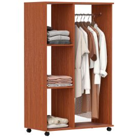 Open Wardrobe with Hanging Rail and Storage Shelves with Wheels - Walnut