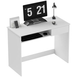 HERON 100cm Compact Computer Desk with Keyboard Tray, Home Office Desk with Drawer for Bedroom Study, White