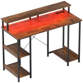 HERON Computer Desk with Power Outlets and LED Lights, Rustic Brown