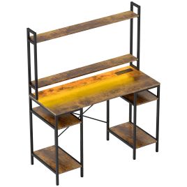 HERON LED Computer Desk, Power Outlets, Monitor Stand, 2 CPU Stands, Gaming & Office Desk, Rustic Brown