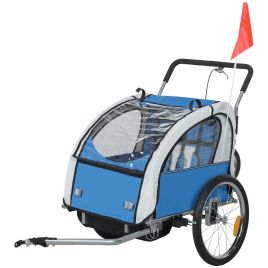 HERON 2 Seat Bike Trailer with 5 Point Harness, Baby Bike Stroller with Safety Flag, Reflectors, for 18+ Months, Blue
