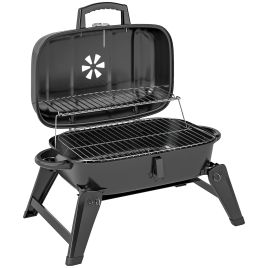 SUNVISTA Charcoal Barbecue Grill Folding BBQ Grill with 1232 cm2 Cooking Area, Adjustable Vent, Thermometer, Handles for Camping Picnic, Black