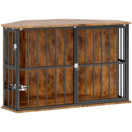 PAWSTER Corner Dog Crate Furniture with 2 Bowls, Lockable Doors, for Small Medium Dogs, Rustic Brown