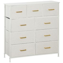 YENZA White Chest of Drawers - Medium-sized, 9 Drawers, Double, Gold Handles, Fabric Drawers