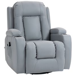 HERON Massage Recliner Chair with 8 Vibration & Heat, PU Leather Recliner Armchair with Cup Holders and Side Pockets, Light Grey