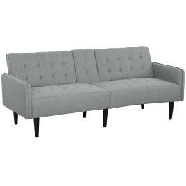 HERON Upholstered Click Clack Sofa Bed, Linen-Feel 3 Seater Sofa Bed with Storage and Cupholders, Light Grey