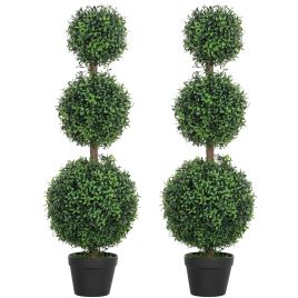 HERON Set of 2 Decorative Artificial Plants, Topiary Ball-shaped Boxwood Trees in Pot, Fake Plants for Home Indoor outdoor Decor, 100cm, Green