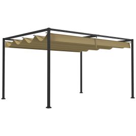 4 x 3(m) Metal Pergola with Retractable Roof, Garden Gazebo Canopy Shelter for Outdoor, Patio, Khaki