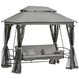 3 Seater Swing Chair Hammock Gazebo Patio Bench Outdoor with Double Tier Canopy, Cushioned Seat, Mesh Sidewalls, Grey
