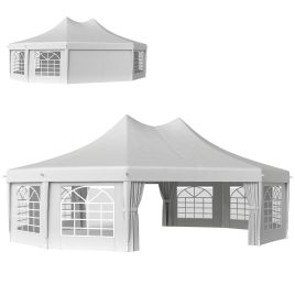 SUNVISTA 10 Sides Decagonal Garden Gazebo Marquee Party Tent Wedding Canopy Outdoor Heavy Duty Metal Frame (8.9m x 6.5m) - White