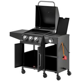 SUNVISTA 3+1 Burner Gas BBQ Grill, 9.5kW with Storage Cabinet, 6 Wheels, Thermometer & Warming Rack, Black