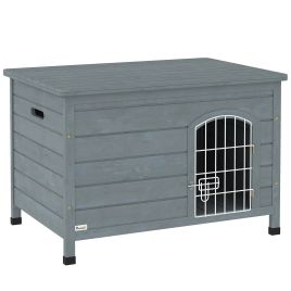 PAWSTER Wooden Dog House with Removable Bottom, Wire Door, Openable Top, Pet Shelter for Small Dog, 80 x 55 x 53.5cm, Dark Grey