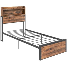 Industrial Single Bed Frame, 3.1FT Steel Bed Base w/ Storage Headboard, Footboard, Under Bed Storage, 95 x 209cm, Rustic Brown