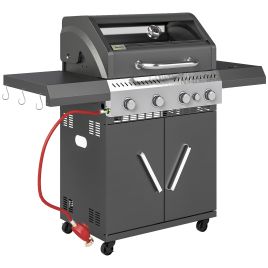 SUNVISTA 4+1 Burner Gas Grill, Clear View Lid, Side Table, Cabinet, Outdoor BBQ, Black