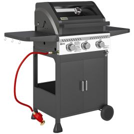 SUNVISTA 7.5kW Three-Burner Gas BBQ Grill, with See-Through Lid - Black