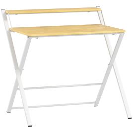 HERON Compact Folding Desk for Small Spaces, Foldable Computer Desk with Storage Shelf for Home Office, Maple Wood-effect