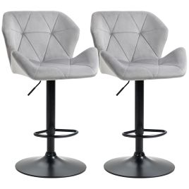 Bar Stools Set Of 2 Luxurious Velvet-Touch Barstools w/ Metal Frame Footrest Round Base Triangle Indenting Moulded Seat Adjustable Height Grey