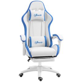 Preston PU Leather Racing Gaming Chair with Footrest Removable Headrest and Lumber Support - White and Blue