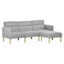 L Shape Sofa Bed Set, Linen Fabric Corner Sofa Bed with Rubber Wood Legs and Footstool, Light Grey