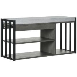 Shoe Storage with Seat, Upholstered Entryway Bench, Shoe Bench with 3 Open Shelves for Hallway, Grey