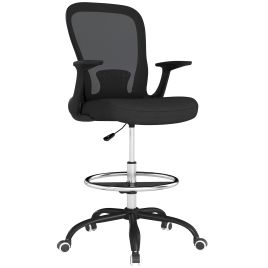 HERON Draughtsman Chair, Mesh Drafting Chair, Ergonomic Office Chair with Flip-up Armrest, Adjustable Foot Ring, Black