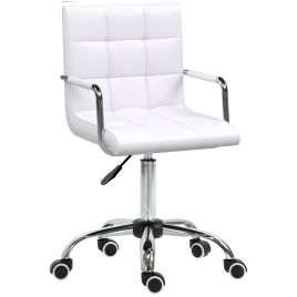 Mid Back PU Leather Home Office Desk Chair Swivel Computer Chair with Arm, Wheels, Adjustable Height, White