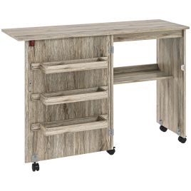 HERON Folding Sewing Table, Drop Leaf Craft Table with Storage Bins, Grey