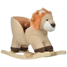 Wood Base Children Rocking Horse Plush Ride On Lion Seat with Seat Safety Belt - Brown