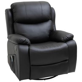 PU Leather Reclining Chair with 8 Massage Points and Heat, Manual Recliner with Swivel Base, Footrest and Remote, Black