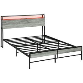 HERON Double Steel Bed Frame, with LED Lights and Headboard Shelf - Grey