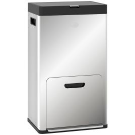 HERON 56L Triple Compartment Stainless Steel Kitchen Bin, with Deodoriser Holders and Wheels - Silver Tone