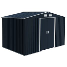 9 x 6FT Outdoor Garden Roofed Metal Storage Shed Tool Box with Foundation Ventilation & Doors, Dark Grey