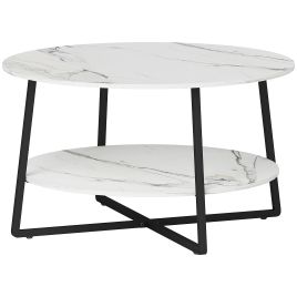 HERON 2-Tier Round Coffee Table with Storage Shelf, Living Room Table with Marble Effect Top and Steel Frame, White