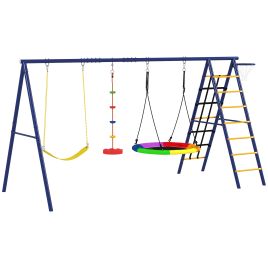 AIVAGO 6 in 1 Metal Kids Swing Set with 3 Swings, Climbing Ladder & Net, Basketball Hoop, for Ages 3-8