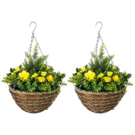 SUNVISTA Pack of 2 Faux Plant Artificial Lisianthus Flowers Hanging Planter with Basket for Indoor Outdoor Decoration, Yellow
