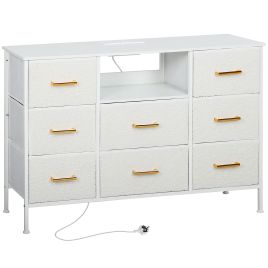 YENZA White Chest of Drawers - Large-sized, 8 Drawers, Double, Gold Handles, Fabric Drawers