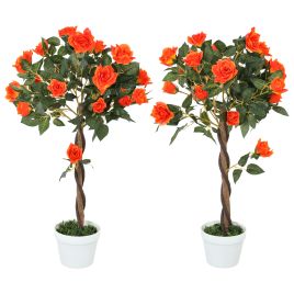 SUNVISTA Set of 2 Artificial Plants White Rose Floral in Pot, Fake Plants for Home Indoor Outdoor Decor, 90cm, Orange