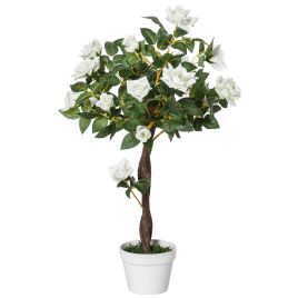 90cm/3FT Artificial Rose Tree Fake Decorative Plant w/ 21 Flowers Pot Indoor Outdoor Faux Decoration Home Office Décor White & Green