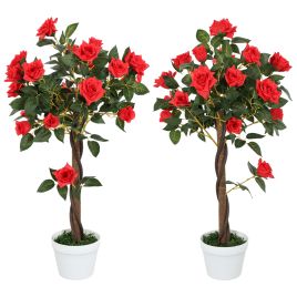 SUNVISTA Set of 2 Artificial Plants White Rose Floral in Pot, Fake Plants for Home Indoor Outdoor Decor, 90cm, Red