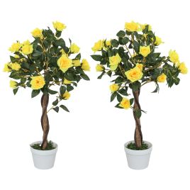 SUNVISTA Set of 2 Artificial Plants White Rose Floral in Pot, Fake Plants for Home Indoor Outdoor Decor, 90cm, Yellow