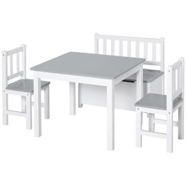 Modern Design 4 Piece Kids Table Set with 2 Wooden Chairs, 1 Storage Bench - Grey with White