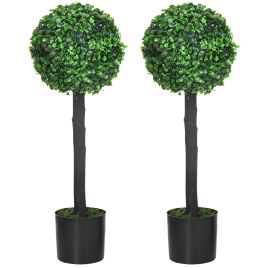 Set of 2 Artificial Plants Boxwood Ball Trees in Pot Fake Plants for Home Indoor Outdoor Decor, 20x20x60cm, Green