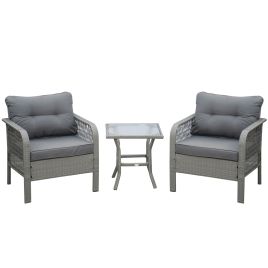 2 Seater Patio PE Rattan Bistro Set, Outdoor Wicker Coffee Table Armrest Chairs Conversation Furniture w/ Cushion, Grey