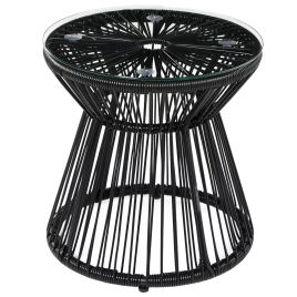 Round End Table, Rattan Side Table, Hollow Drum Design Coffee Table w/ Glass Tabletop for Patio, Garden, Balcony Black