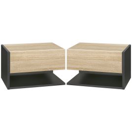 HERON Floating Bedside Tables Set of 2, Wall-Mounted with Drawer & Shelf - Oak