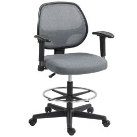 Drafting Chair Tall Office Fabric Standing Desk Chair with Adjustable Footrest Ring, Arm, Swivel Wheels, Grey